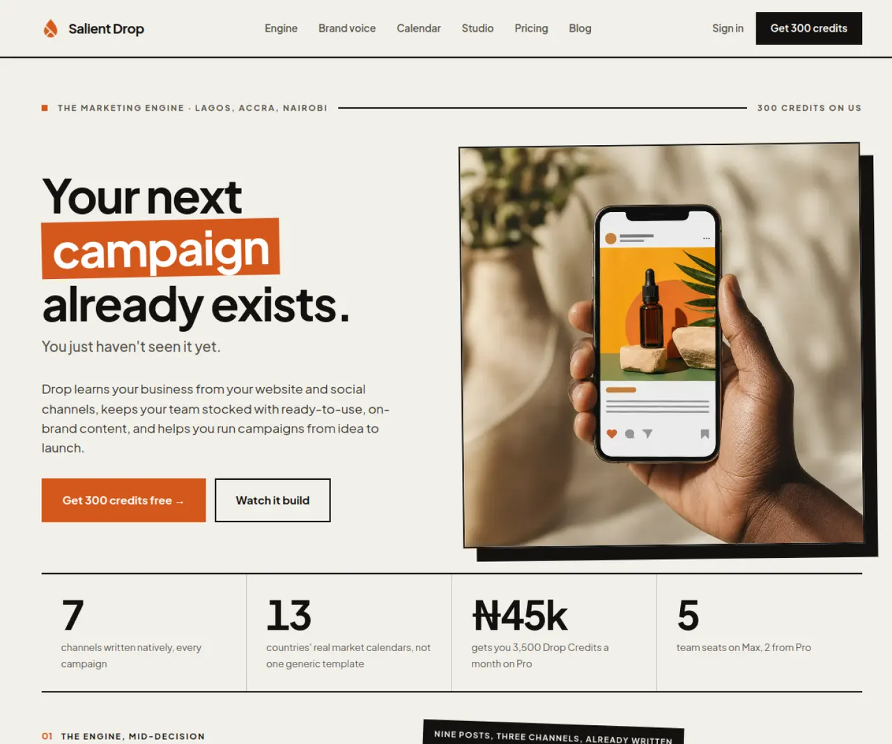 Screenshot of the Salient Drop marketing campaign and content studio homepage
