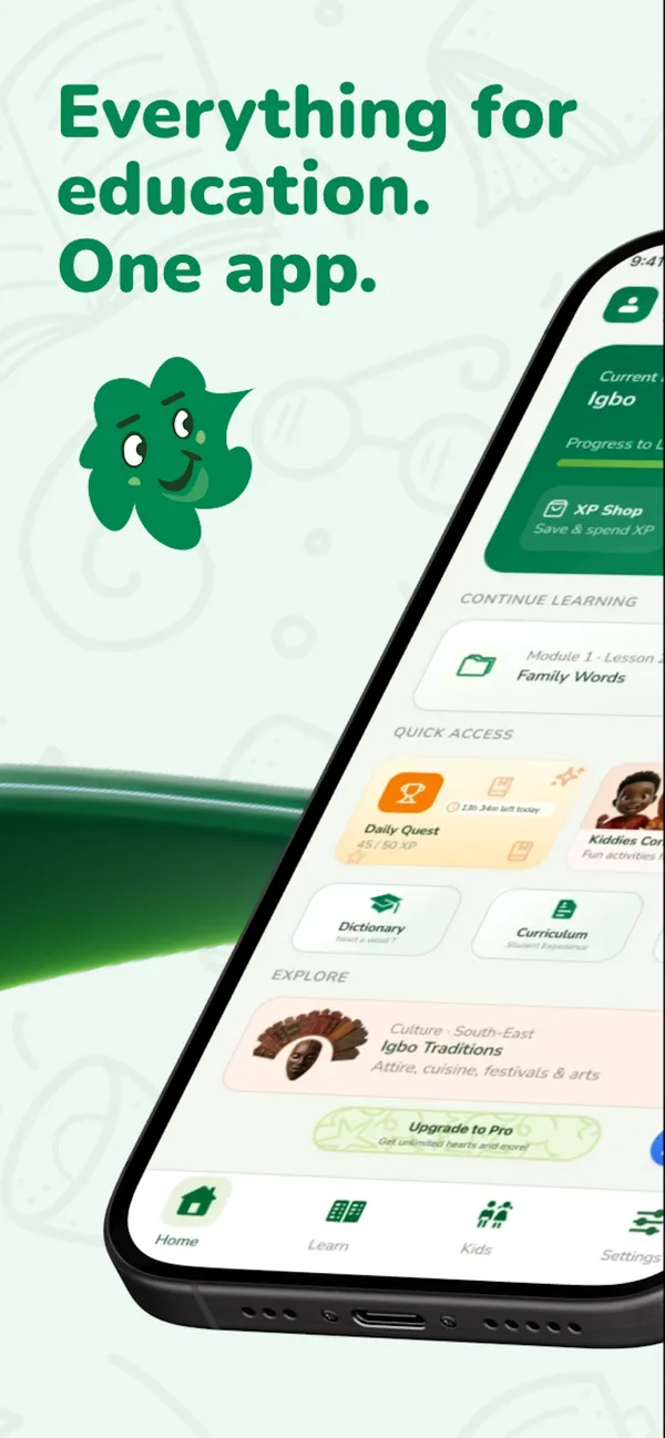 Official Linguama App Store artwork showing the mobile learning home dashboard