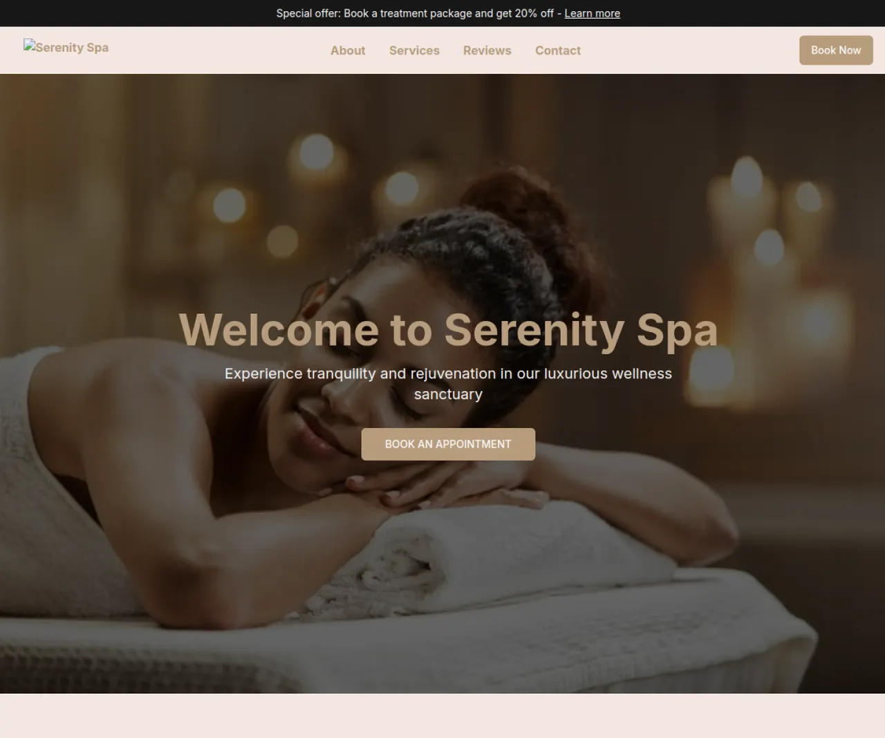 Screenshot of a spa website with service navigation and appointment-booking calls to action